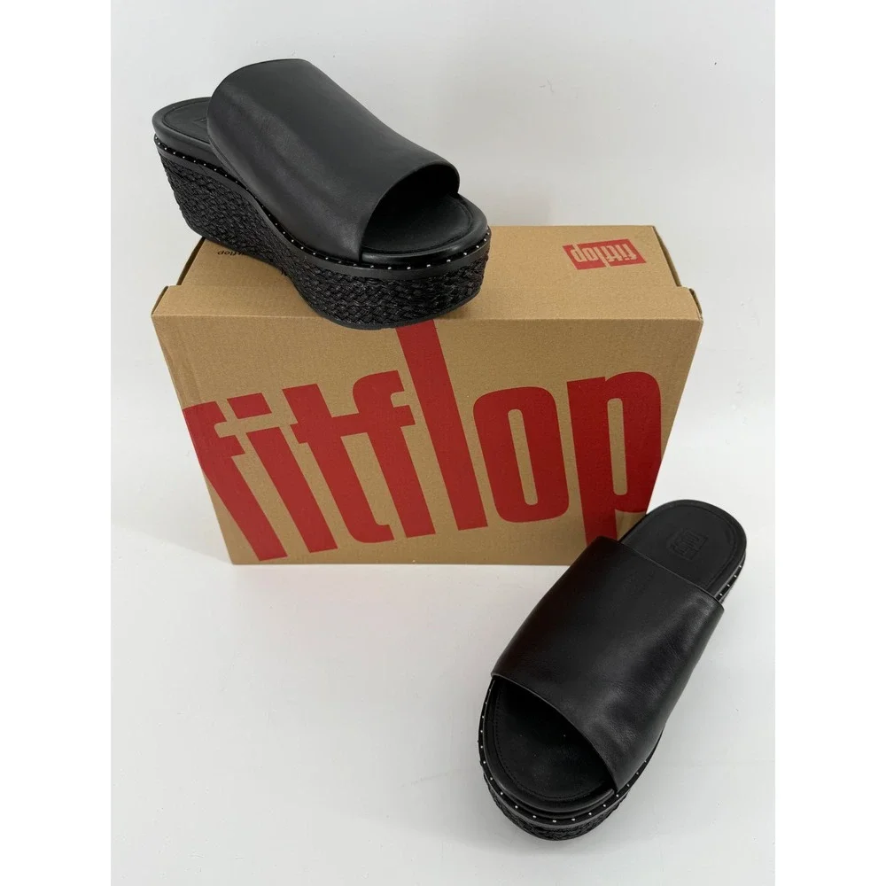 FitFlop Eloise Espadrille Wedges Blk Leather Platform Slide Sandals AY9-001-070